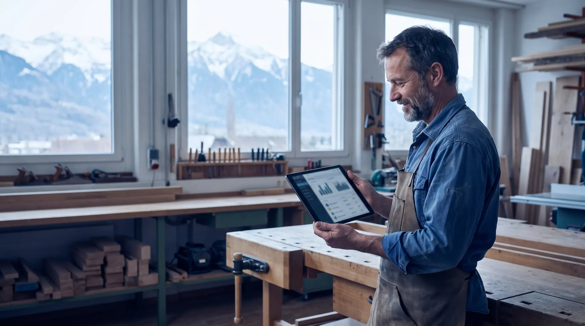 Schreiner steht lächelnd in seiner Werkstatt und schaut auf ein Tablet mit Auswertungen