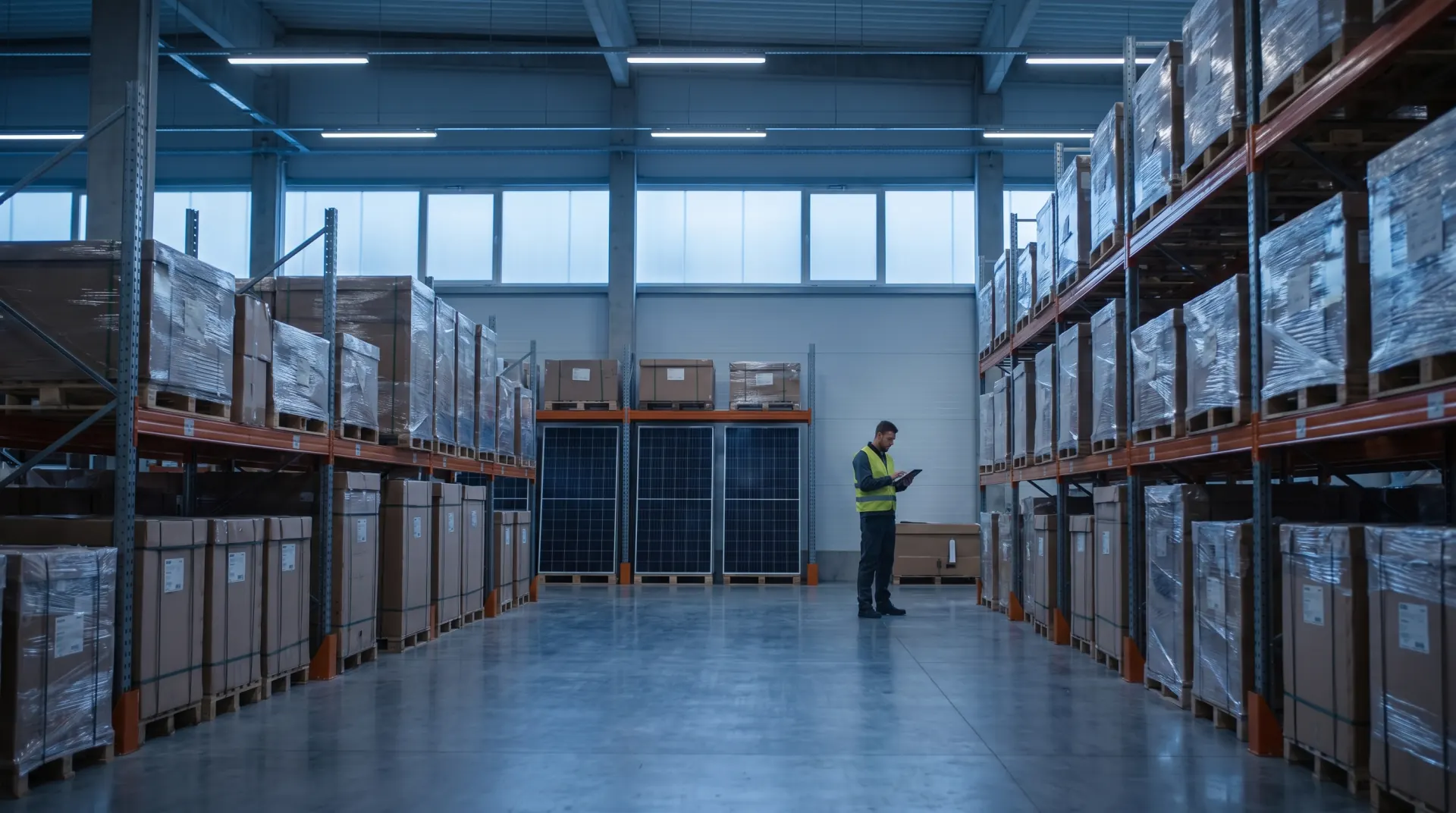 Lagerhalle mit Solarmodulen und vollen Regalen, ein Mitarbeiter in Warnweste prüft etwas auf dem Tablet