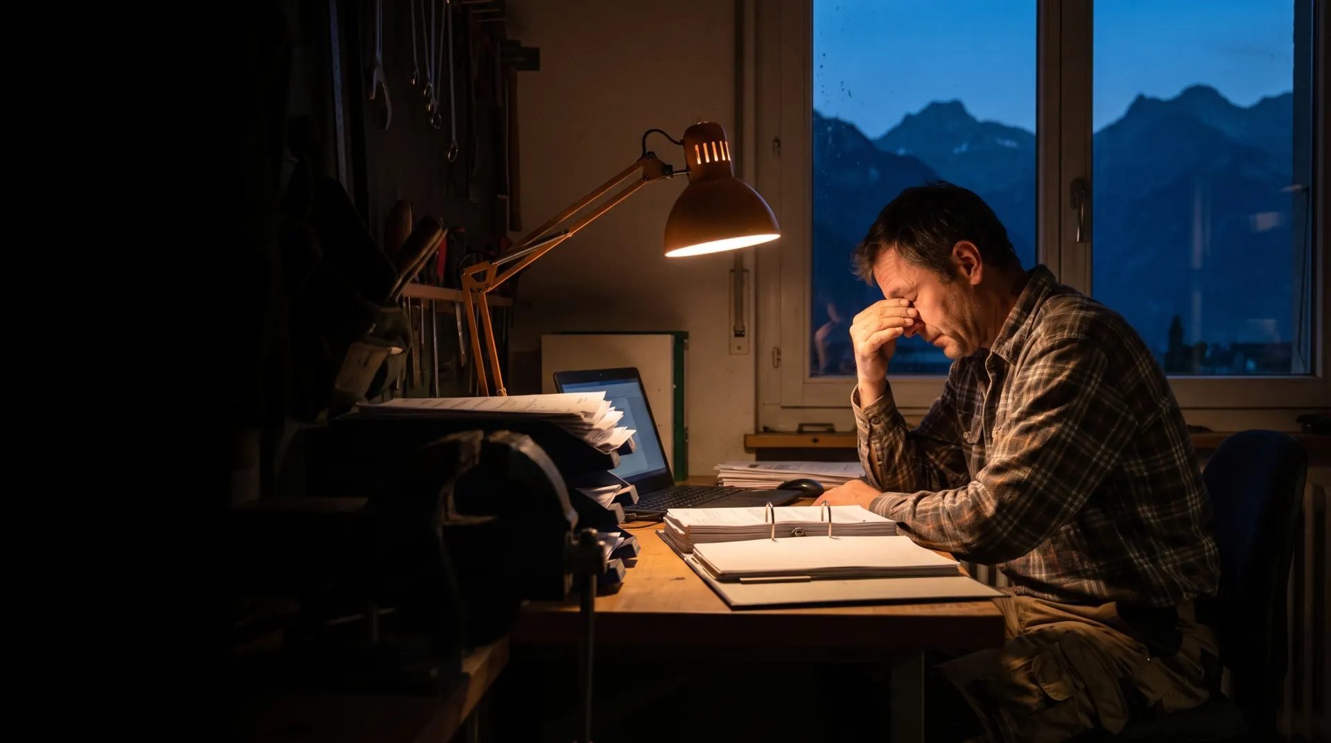 Handwerker sitzt spätabends erschöpft am Schreibtisch im Büro, vor sich Ordner und Laptop